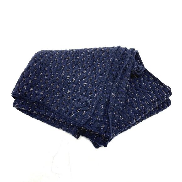 CHANEL CC Mark braided Apparel Accessories Stole/Shawl Logo Scarf blue/Gold - Picture 1 of 13